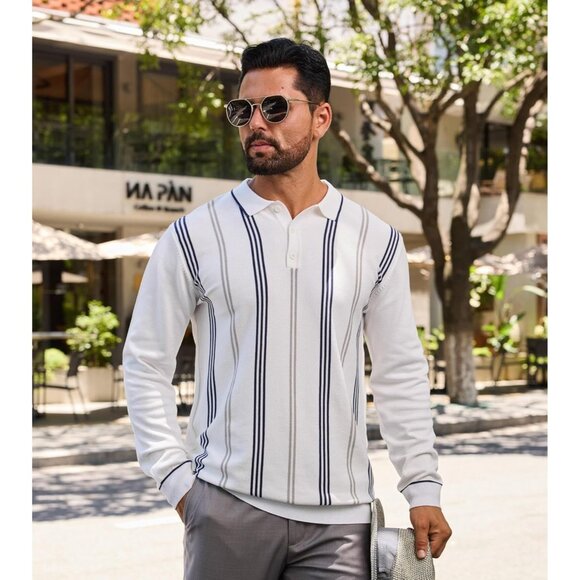 Men's Knit Polo Sweater Long Sleeve Striped Thermal Button Collar Sweater White - Picture 6 of 7